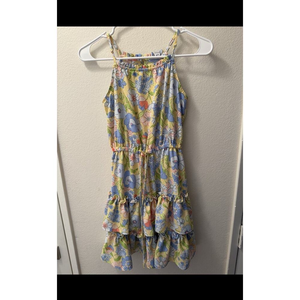 Bar III Women's XS Floral Mini Sundress High Neck Elastic Waist Ruffle Yellow